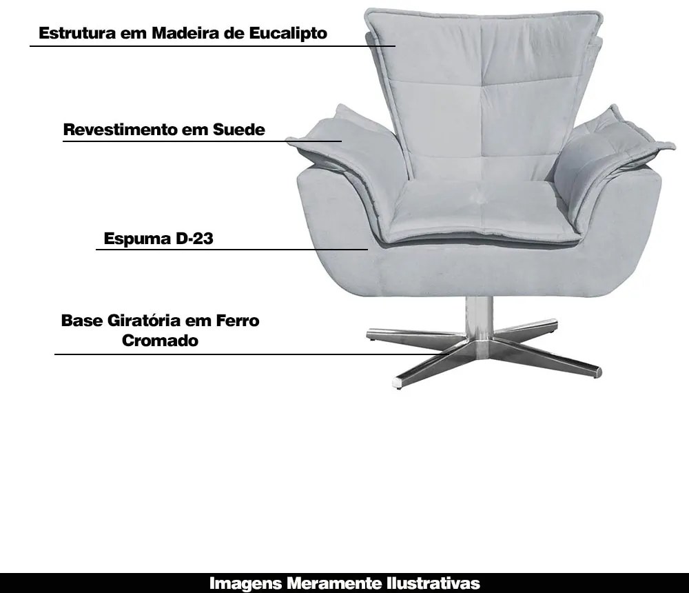 Kit 2 Poltronas Decorativas Base Giratória Cromada Charger Suede Cinza G19 - Gran Belo