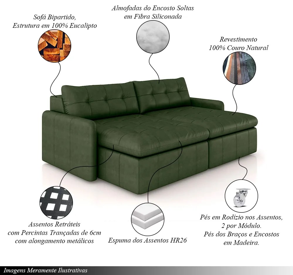 Sofá Retrátil Bipartido Sala de Estar Belém 224cm Couro Verde Manchado G52 - Gran Belo