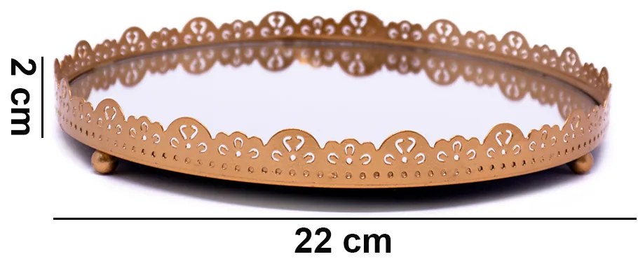 Bandeja Decorativa Redonda Em Metal Flor Rosê Com Espelho 2x22x22 Cm - D'Rossi