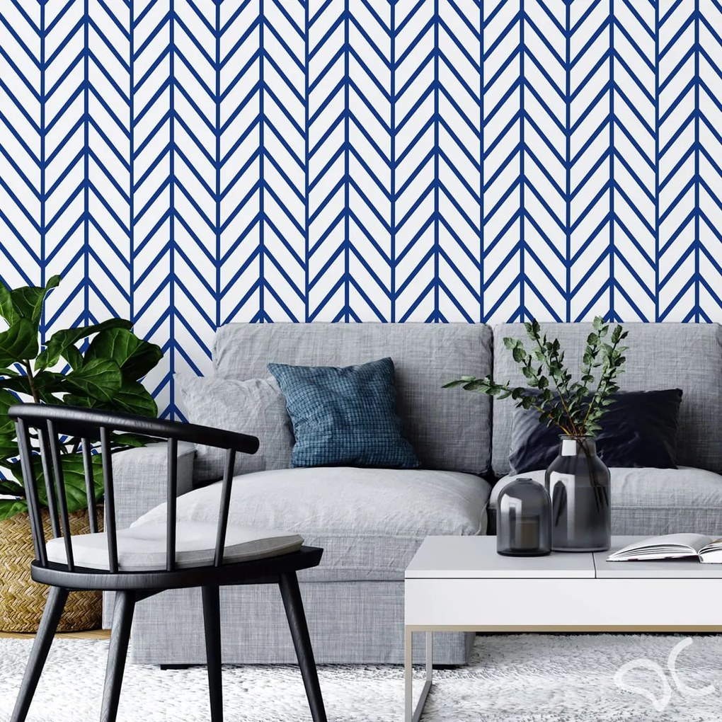 Papel de Parede Chevron Azul e Branco 0.52m x 3.00m