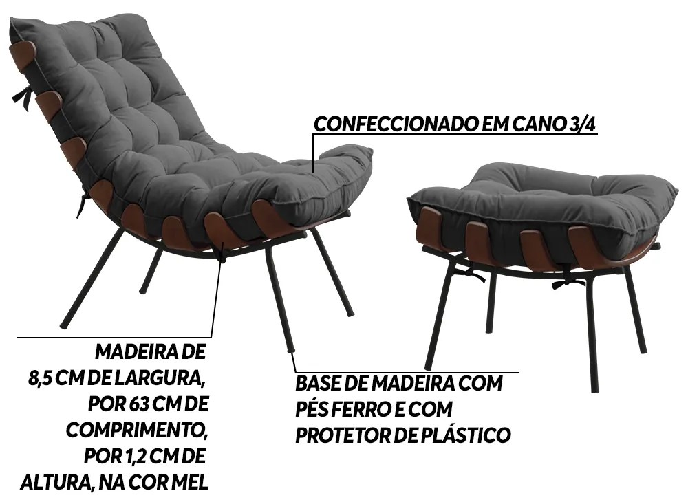 Conjunto Decorativo Poltrona e Puff Abel Base de Madeira Preto Suede Cinza G41 - Gran Belo