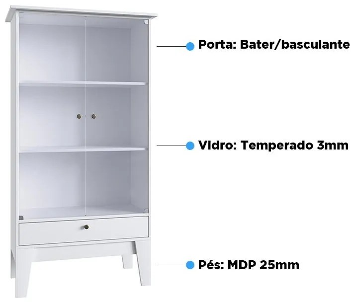 Cristaleira Retrô 3 Portas de Vidros 3 Prateleiras - Branco