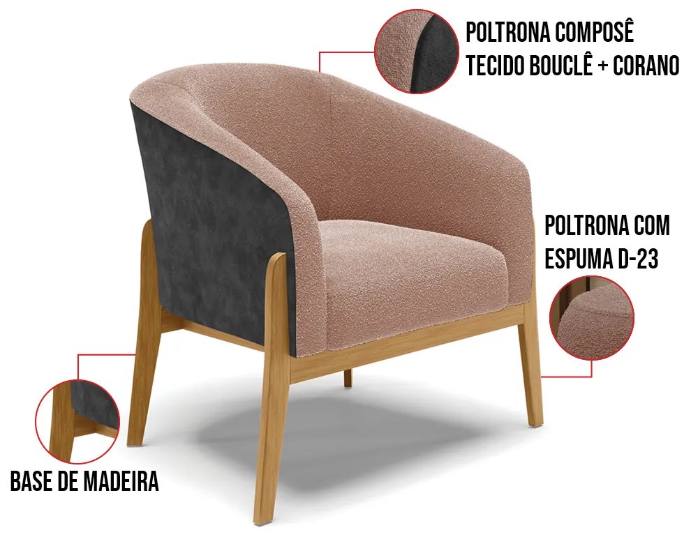 Poltrona Decorativa Base Madeira Kit 2 Stella PU Preto/Bouclê D03 - D'Rossi - Rose