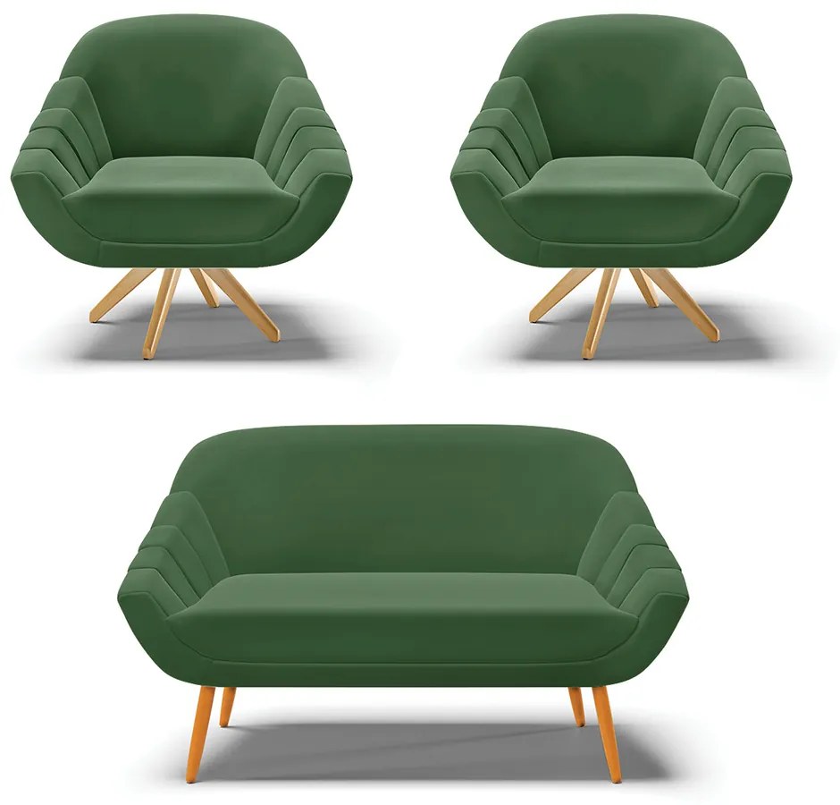 Kit 01 Namoradeira 02 Lugares e 02 Poltronas Giratória Giovana Suede Base Madeira MA30 - D'Rossi - Verde
