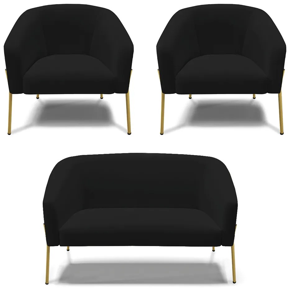 Namoradeira e 2 Poltronas Pé de Ferro Dourado Stella Linho D03 - D'Rossi - A79 Preto