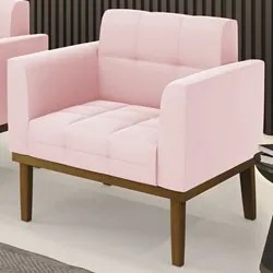 Poltrona Decorativa Base Madeira Castanho Ana Suede Rosa Bebê - Ibiza