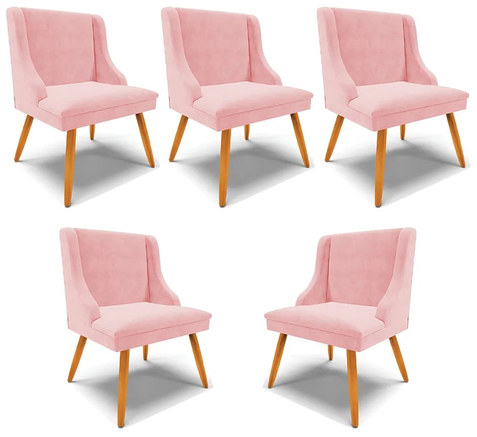 Kit 5 Cadeiras Decorativas Sala de Jantar Pés Palito de Madeira Firenze Suede Rosa Bebê/Natural G19 - Gran Belo