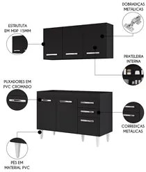 Armário Aéreo Honduras e Balcão Gabinete sem Tampo 120cm Suécia Preto