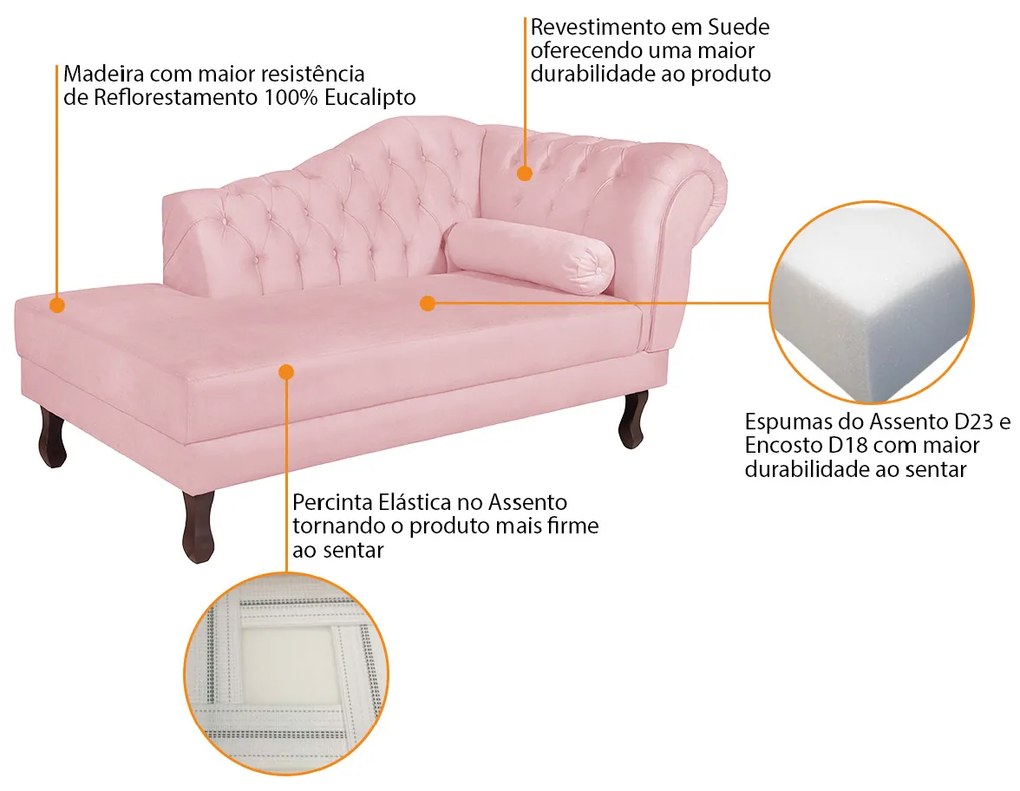 Recamier Diana 185cm Lado Esquerdo Suede Rosa Bebê - ADJ Decor