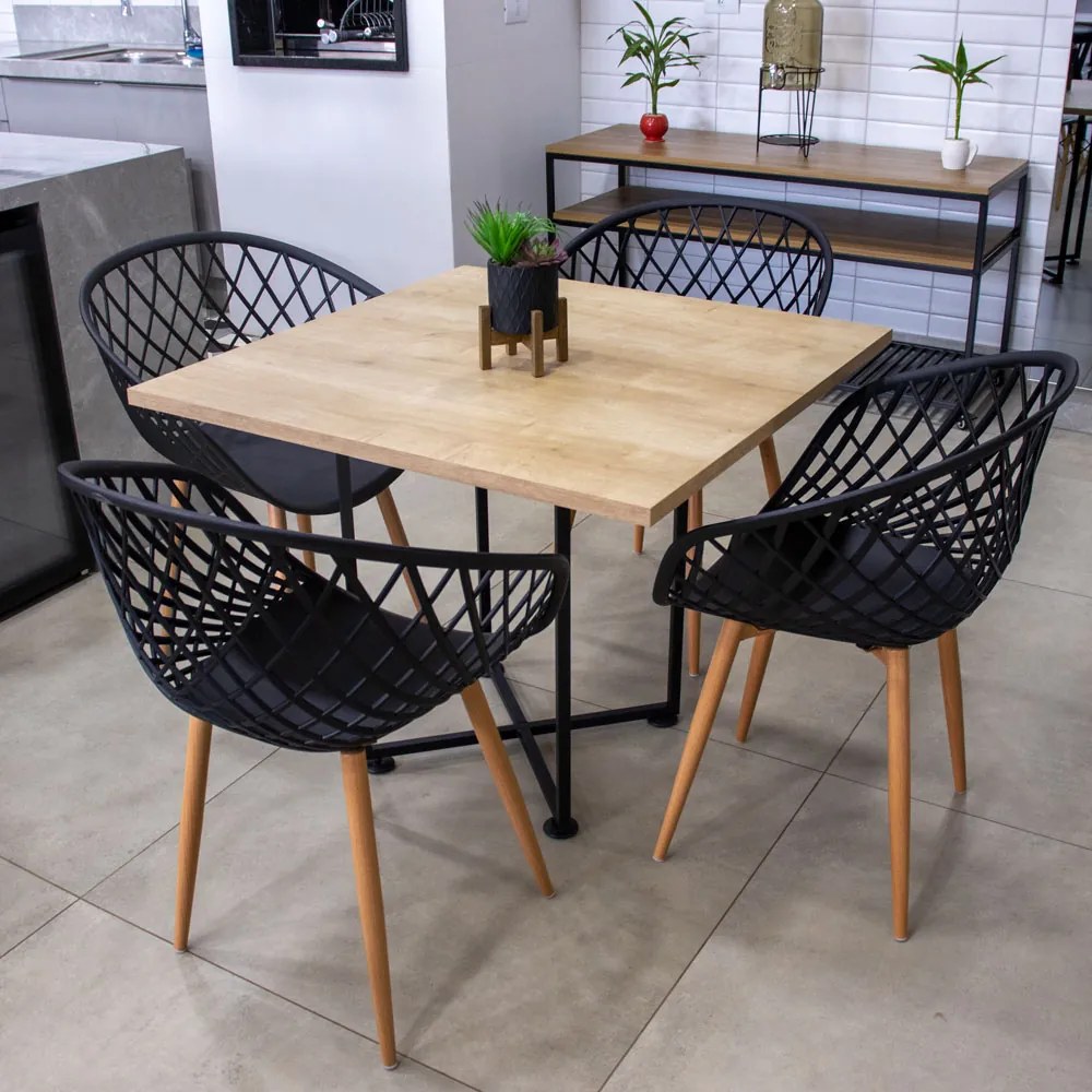 Kit 04 Cadeiras Clarice Preto e 01 Mesa de Jantar 04 Lugares Jade 90 cm Natural Base Metálica Industrial Preto - D'Rossi