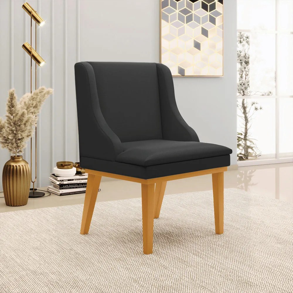 Kit 3 Cadeiras Decorativas Sala de Jantar Base Fixa de Madeira Firenze PU Preto Fosco/Castanho G19 - Gran Belo