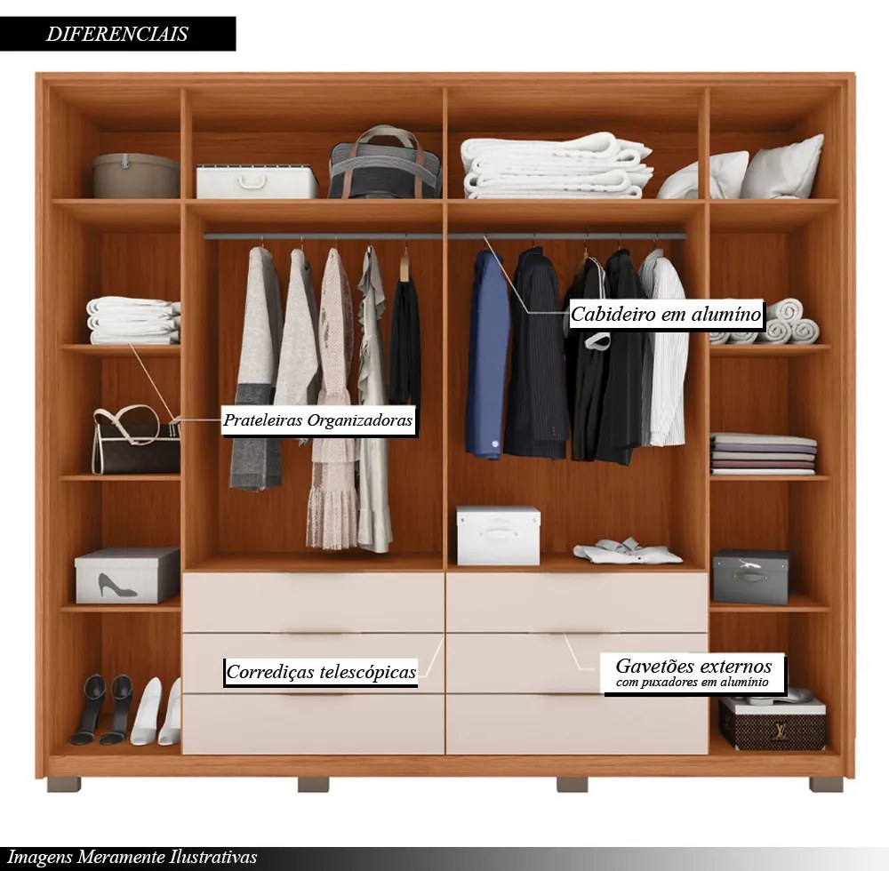 Guarda Roupa Essence Casal Ripado 6 Portas de bater com 4 Espelhos e 6 Gavetas MDP Freijo/OffWhite G11 - Gran Belo