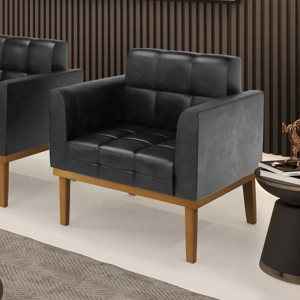 Poltrona Decorativa Karen Pés Fixo em Madeira Castanho PU Preto Brilho G19 - Gran Belo