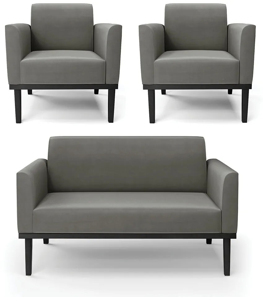 Conjunto 2 Poltronas e 1 Namoradeira Decorativa Isabella Pés Fixo em Madeira Preto Suede Grafite G19 - Gran Belo