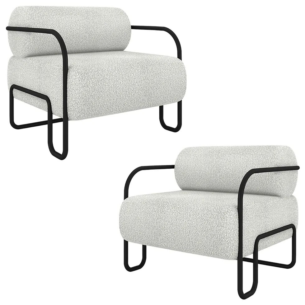 Kit 2 Poltronas Decorativas Sala de Estar Polatsk Base Industrial de Ferro Bouclê Cinza Claro G33 - Gran Belo