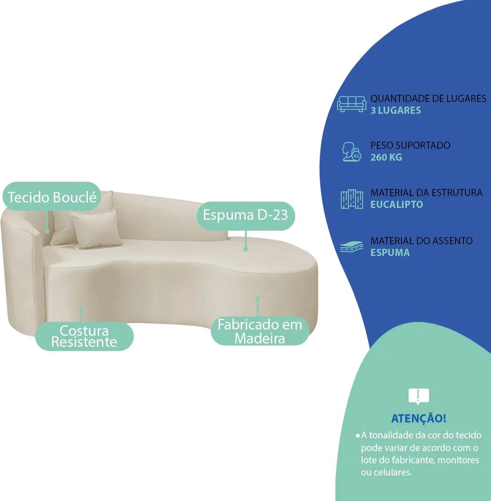 Kit Recamier Curvo Sala de Estar Inglaterra 180cm Lado Direito e 2 Poltronas Orgânica Luxo Amore Bouclé