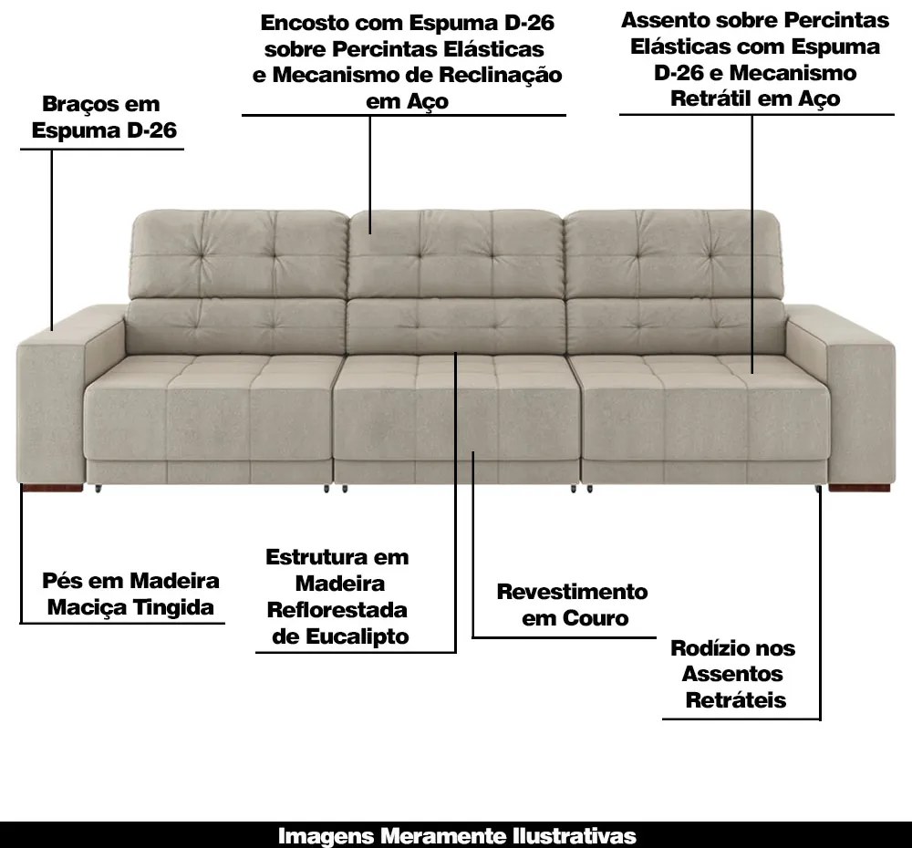Sofá Sala de Estar Retrátil e Reclinável 5 Lugares Lisboa 350cm Couro Off White G58 - Gran Belo