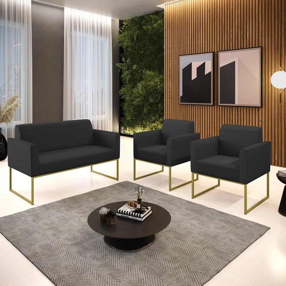 Sofá Namoradeira com 2 Poltronas Base Industrial Dourado Marisa Corino D03 - D'Rossi - Preto