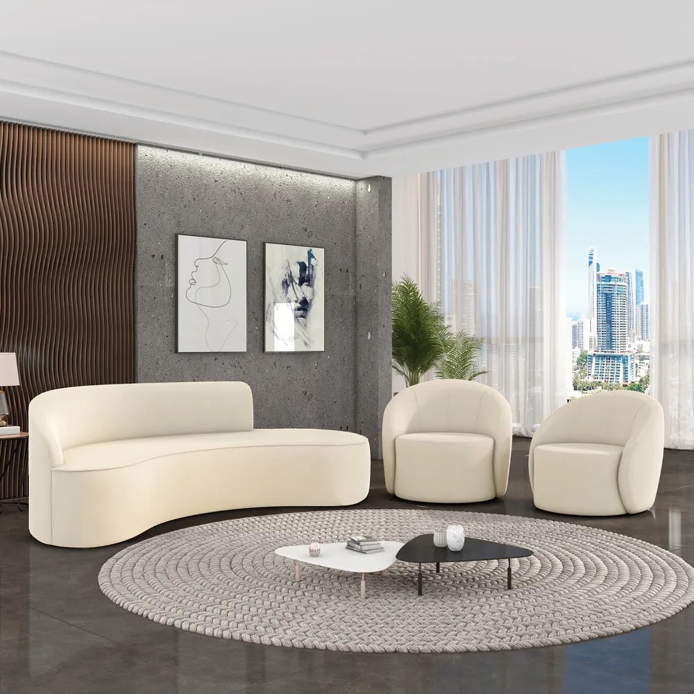 Sofá 3 Lug Orgânico 180cm Morgan e 2 Poltronas Giratória Lua Cotelê/Veludo Bege D03 - D'Rossi