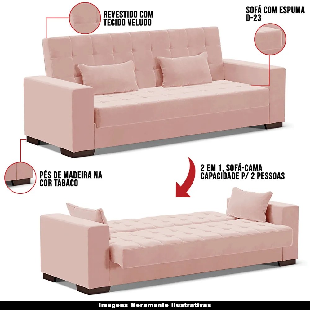 Sofá Cama Decorativo 210cm Beesley Veludo Rose G19 - Gran Belo