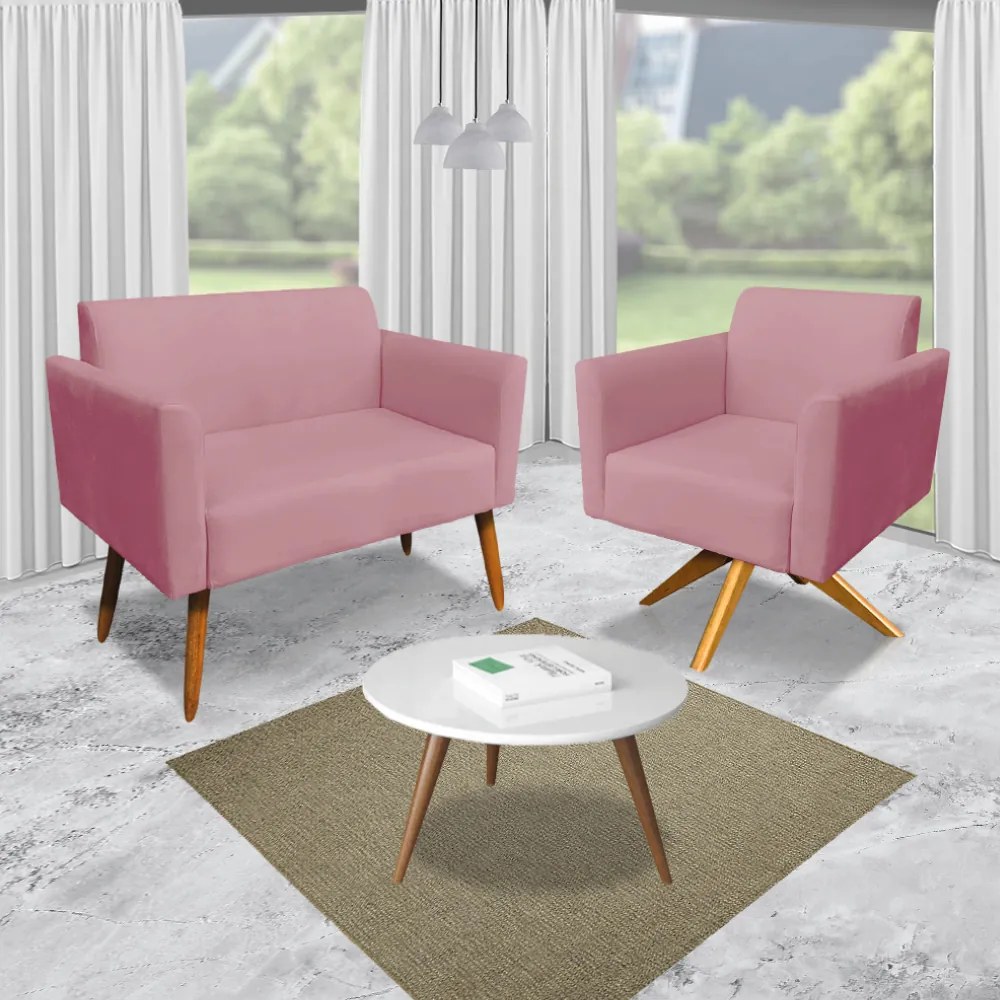 Kit 01 Namoradeira e 02 Poltronas Marisa Suede Rosê Base Giratória Madeira MA30