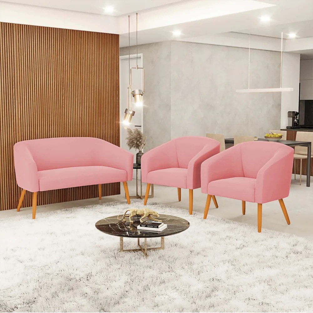 Namoradeira e 2 Poltronas Pé Palito Castanho Stella Suede D03 - D'Rossi - Rose