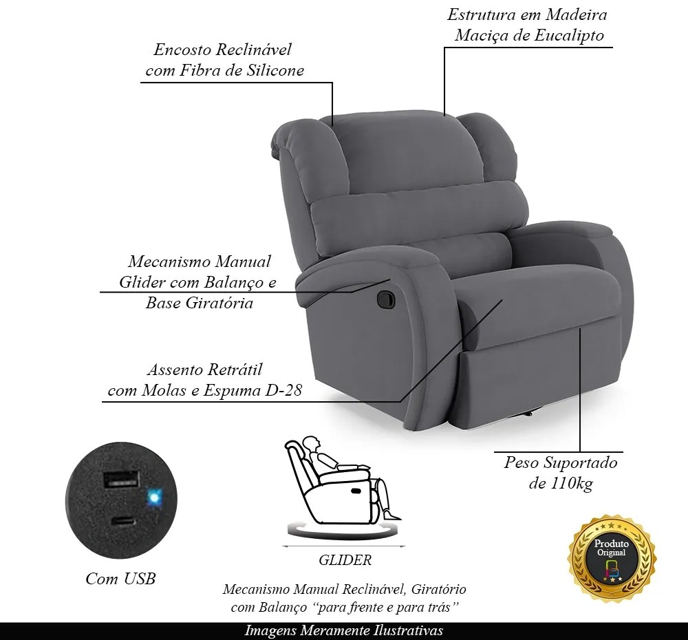 Poltrona do Papai Sala de Cinema Reclinável Kylie Glider Manual Giratória USB Veludo Cinza Grafite G23