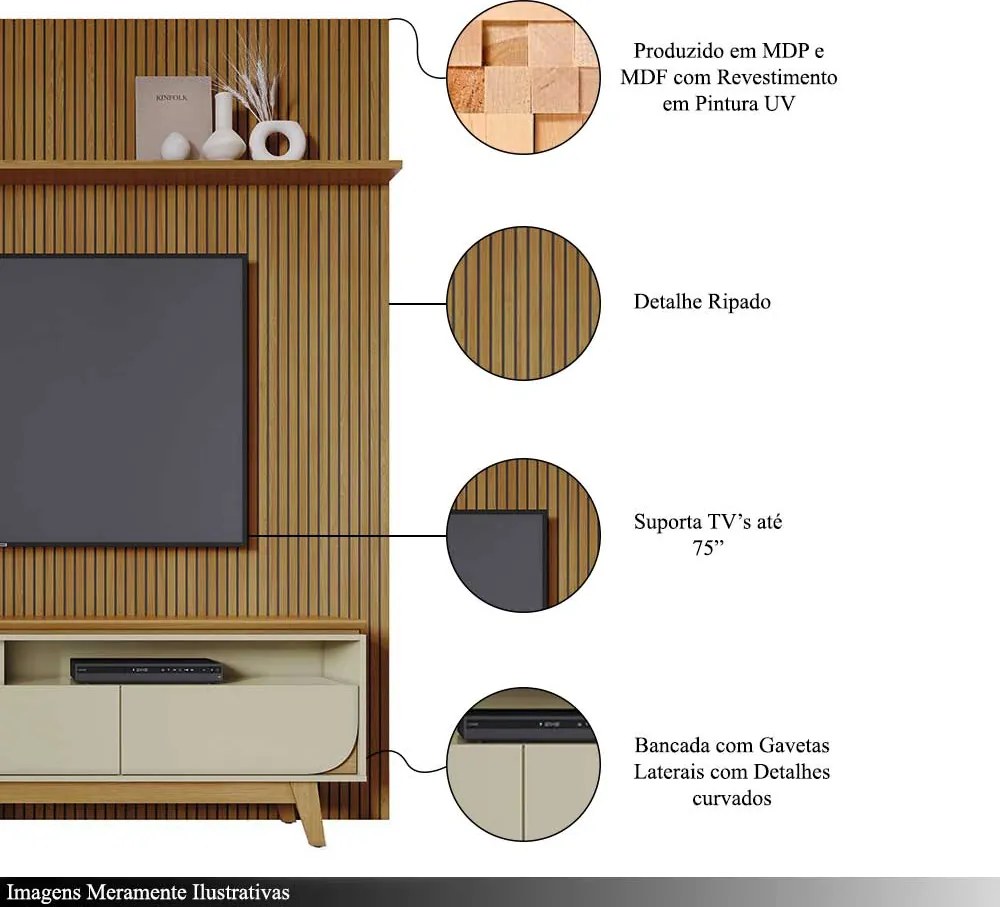 Conjunto Painel com Bancada Andrew 3 Gavetas MDP até 75 Cumaru/Opala G97 - Gran Belo