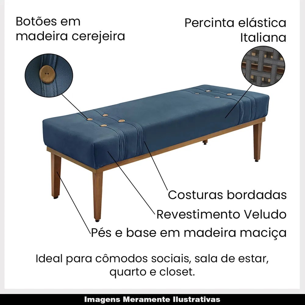 Recamier Decorativo 140cm Kors Veludo Pés de Madeira Azul Marinho G63 - Gran Belo