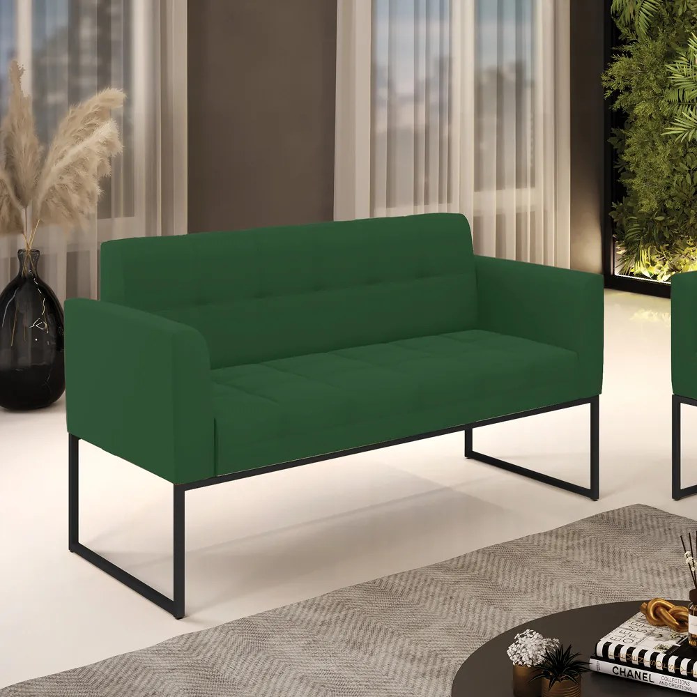 Sofá Namoradeira Elisa Veludo Verde Base Metálica Industrial Preto - D'Rossi
