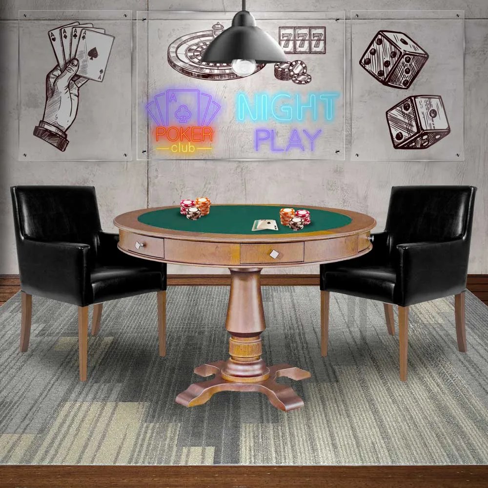 Mesa de Jogos Carteado Victoria Redonda Tampo Reversível Amêndoa com Kit 2 Cadeiras Liverpool PU Preto Liso G36 G15 - Gran Belo