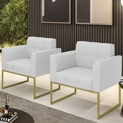 Poltrona Base Industrial Dourado Kit 2 Ana Linho Cinza - Ibiza
