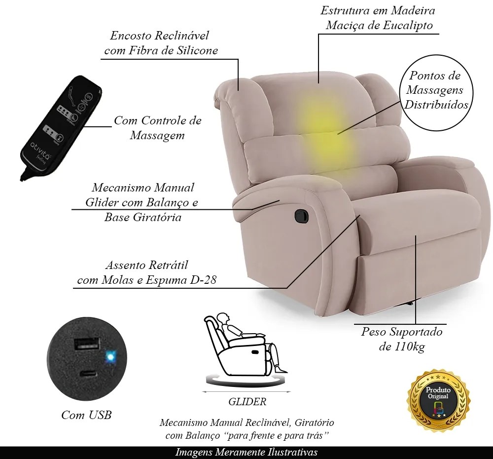 Poltrona do Papai Sala de Cinema Reclinável Kylie Glider Manual Giratória Massagem USB Veludo Rosê G23