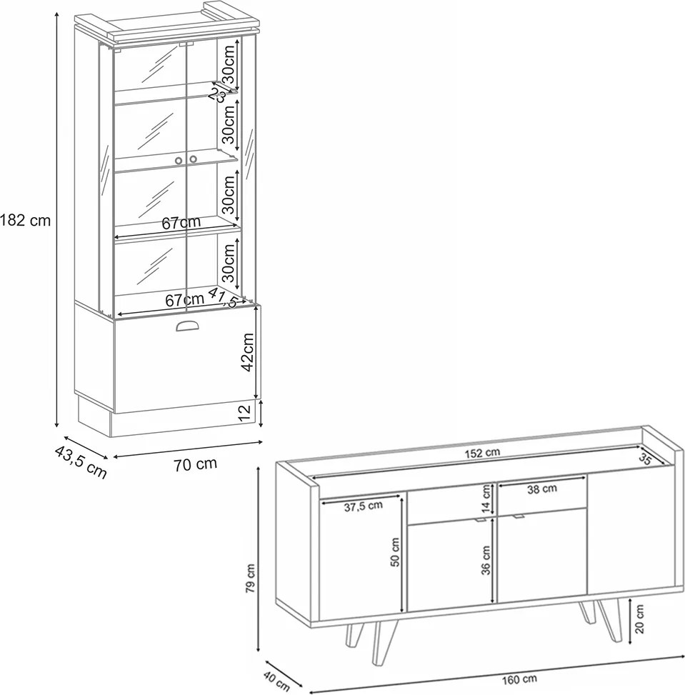 Conjunto Decorativo Cristaleira e Buffet Aparador Peggy/Albâni Off White/Castanho G26 - Gran Belo