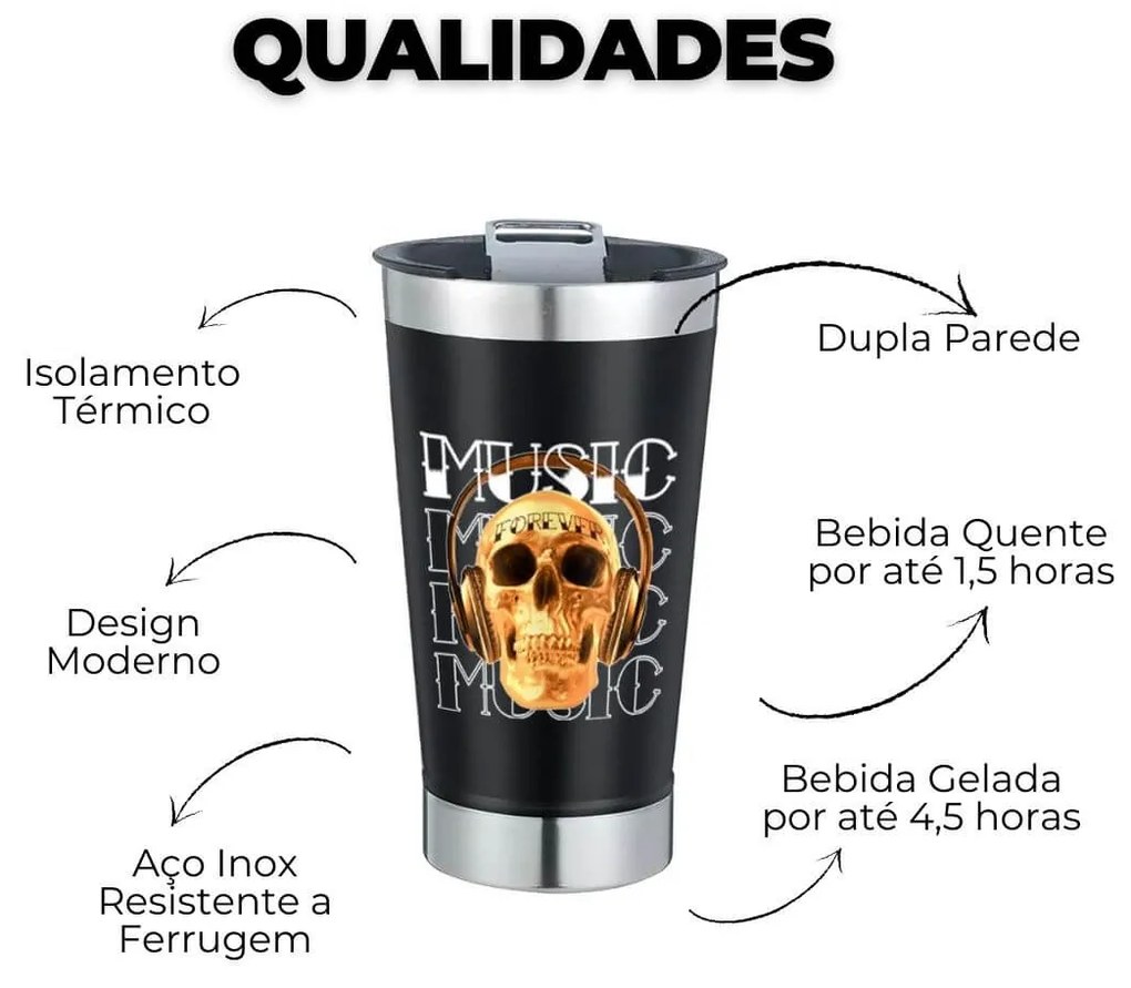 Copo Térmico Skull Music Forever Cerveja Café em Inox Com Tampa e Abridor Chopp