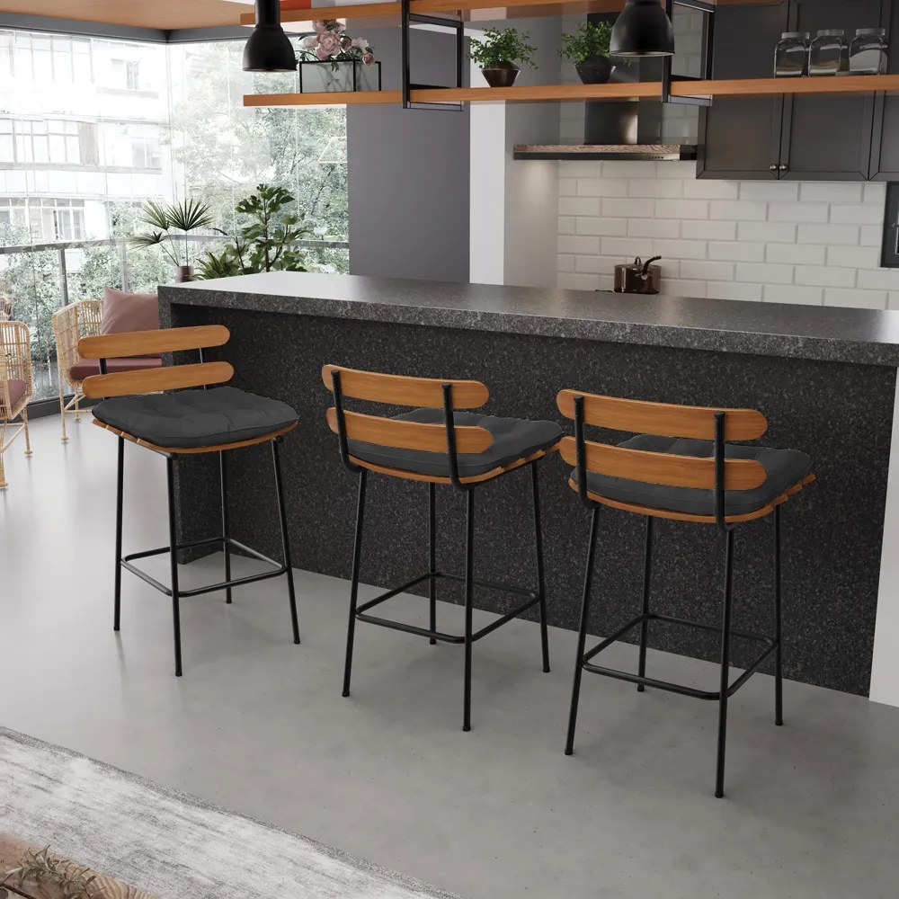 Banqueta Costela Corino Base Metálica Preto - DRossi - Preto