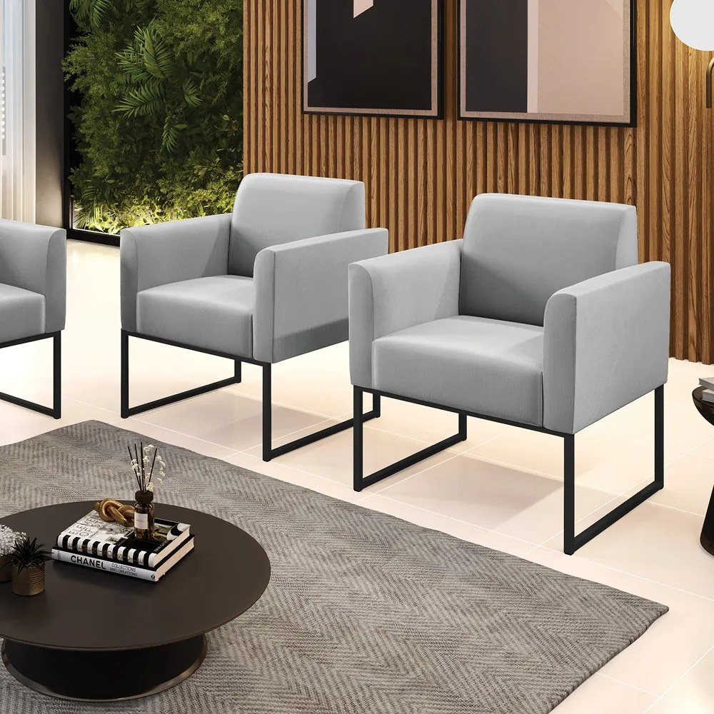 Kit 2 Poltronas Base Industrial Preto Marisa Suede Cinza D03 - DRossi