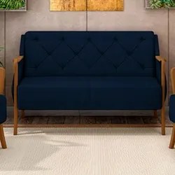 Poltrona Namoradeira 2 Lugares 135cm Capitonê Lapa M22 Veludo Azul Mar