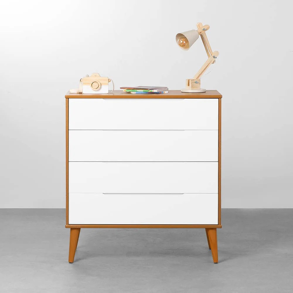 Cômoda Elfe 4 Gavetas com Pés Retrô Mel - Branco Fosco e Savana