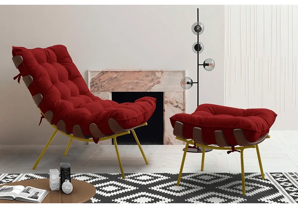 Kit 2 Poltronas Decorativas Sala de Estar Abel Base de Madeira Dourada Veludo Vermelho G41 - Gran Belo