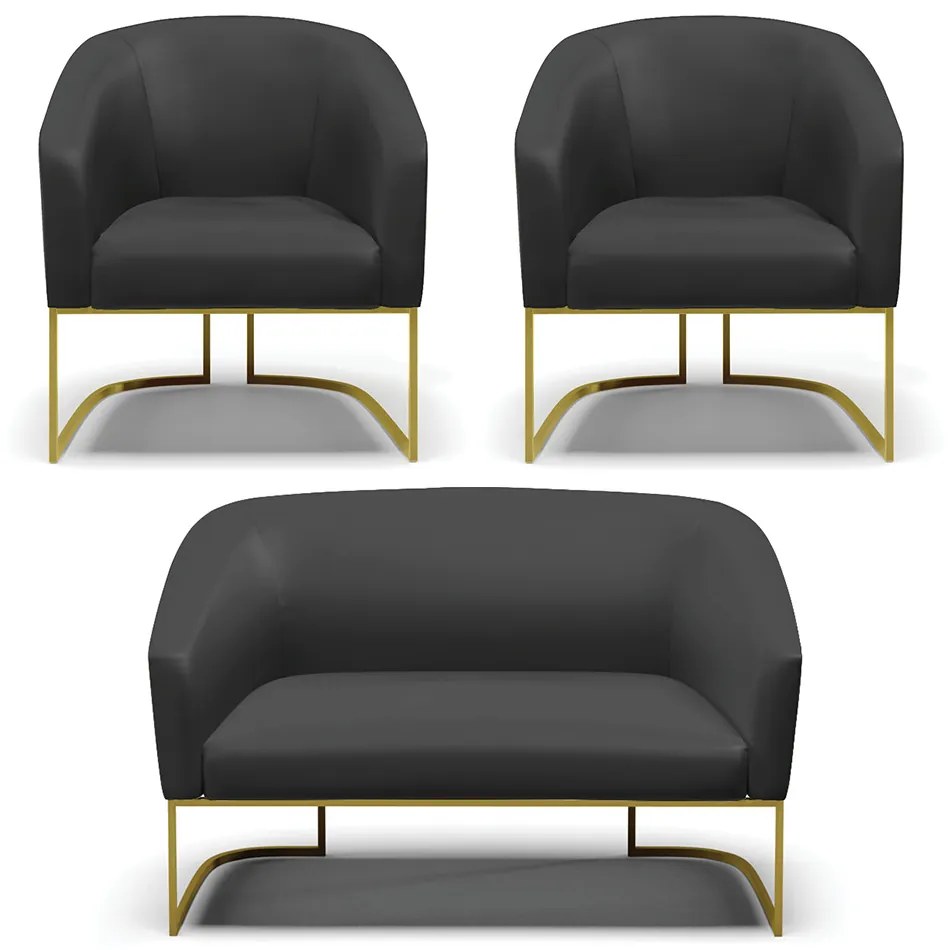 Namoradeira e 2 Poltronas Industrial Dourado Stella Sintético D03 - D'Rossi - Preto