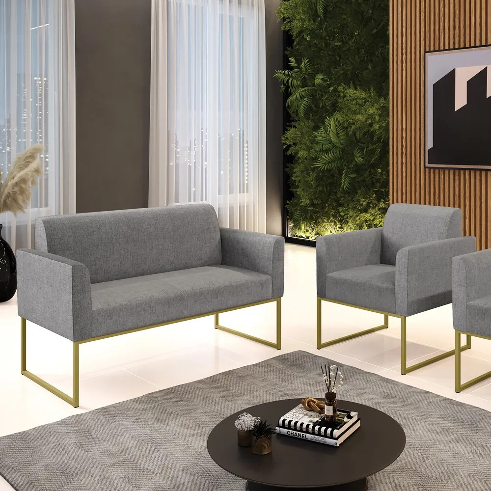 Sofá Namoradeira com Poltrona Base Industrial Dourado Marisa Linho Grafite A26 D03 - D'Rossi