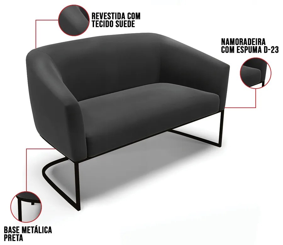 Sofá 2 Lugares Namoradeira Industrial Preto Stella Suede Preto D03 - D'Rossi