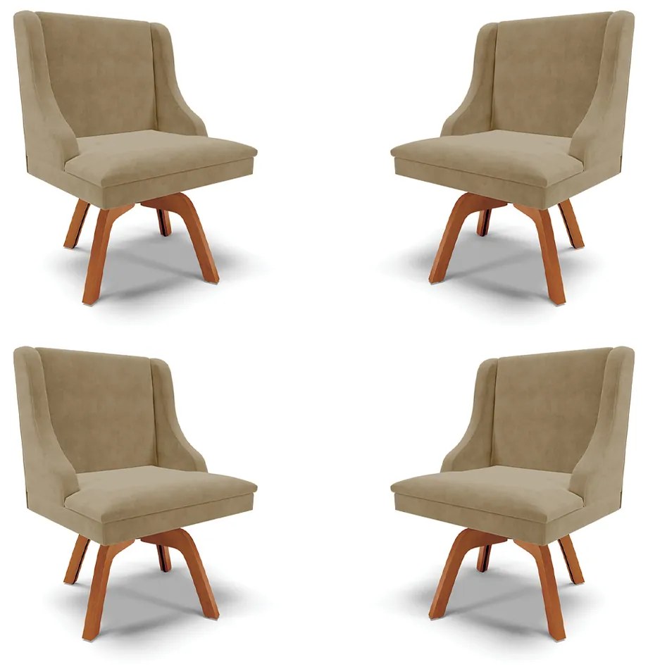 Kit 4 Cadeiras Decorativas Sala de Jantar Base Giratória de Madeira Firenze Suede Nude/Natural G19 - Gran Belo