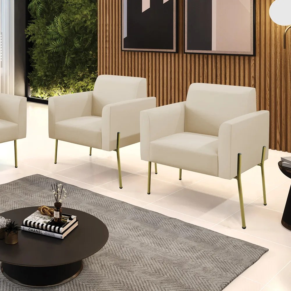 Poltrona Pé de Ferro Dourado Kit 2 para Sala Marisa Corino D03 - D'Rossi - Bege
