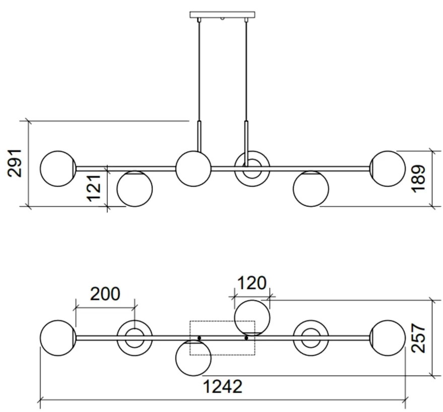 Pendente Six Retângular 124X25,5X27Cm Alumínio E Globo Ø12Cm Fosco 6Xg... (CHAMPANHE, FOSCO)
