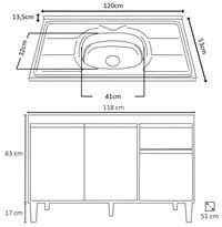 Balcão Gabinete Com Pia Inox 120cm 3 Portas e 1 Gaveta Tatiane Preto -