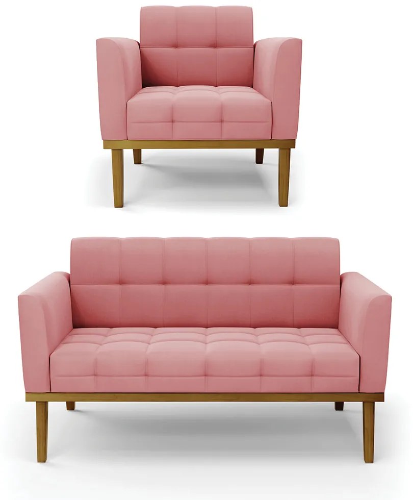 Namoradeira com Poltrona Base de Madeira Castanho Elisa Suede D03 - D'Rossi - Rose