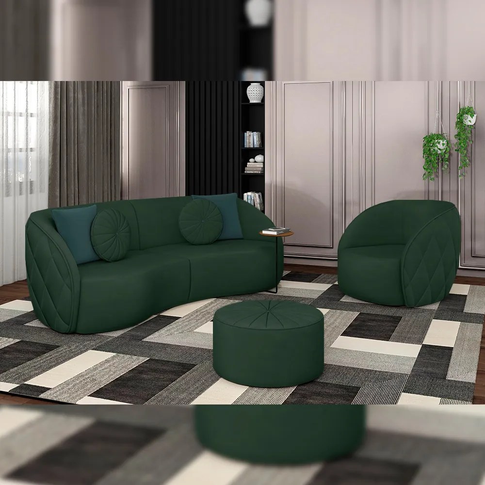 Conjunto Decorativo Sofá 288cm e Poltrona Clarke com Puff Round Veludo Verde G45 - Gran Belo