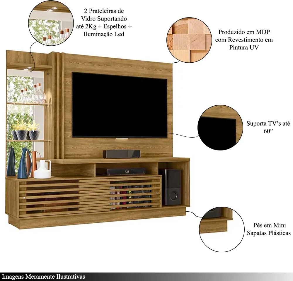 Home Theater Stall 2 Portas 2 Prateleiras Iluminação LED MDP até 60 Cumaru G97 - Gran Belo